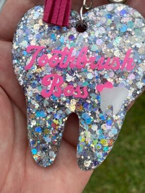 Pink Glitter 'Toothbrush Boss' Tooth Keychain Card Holder